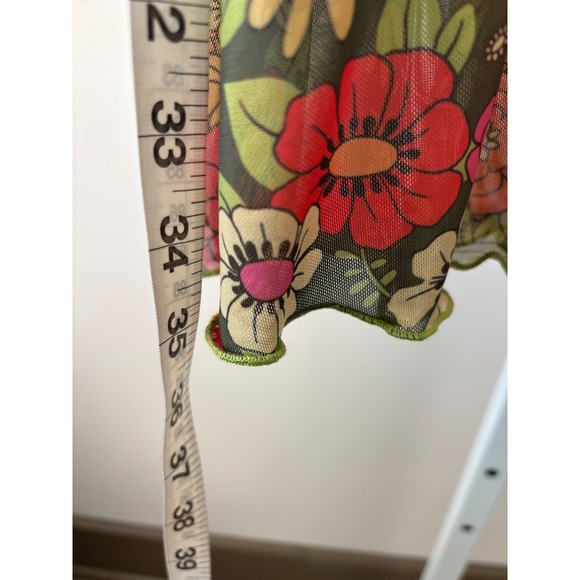 Boho Fairycore Dress 1X Mini 70s Retro Sheer Floral Mesh Bell Sleeve Lettuce Hem - Picture 6 of 13